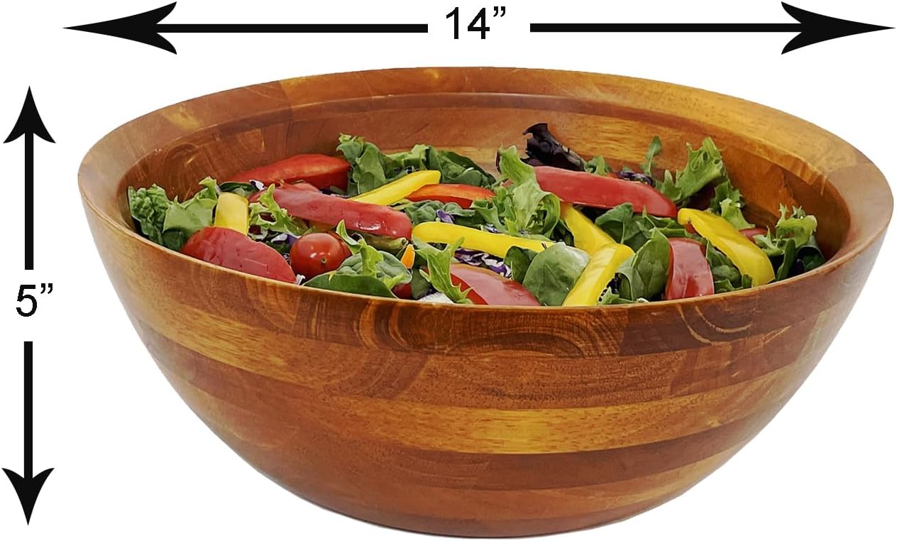 Woodard & Charles 3 Piece 14" Wood Salad Serving Bowl and Servers Set, Cherry Stain
