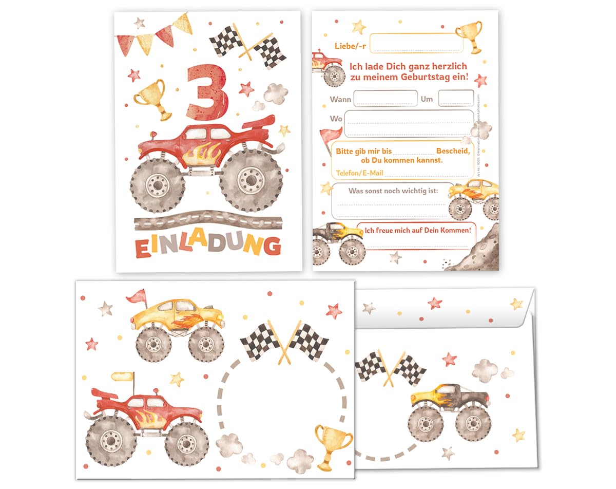 Minkocards 12 Einladungskarten incl. 12 Umschläge zum 3. Kindergeburtstag Jungen Monster-Truck Auto Einladung zum dritten Geburtstag Kinder Einladungsset
