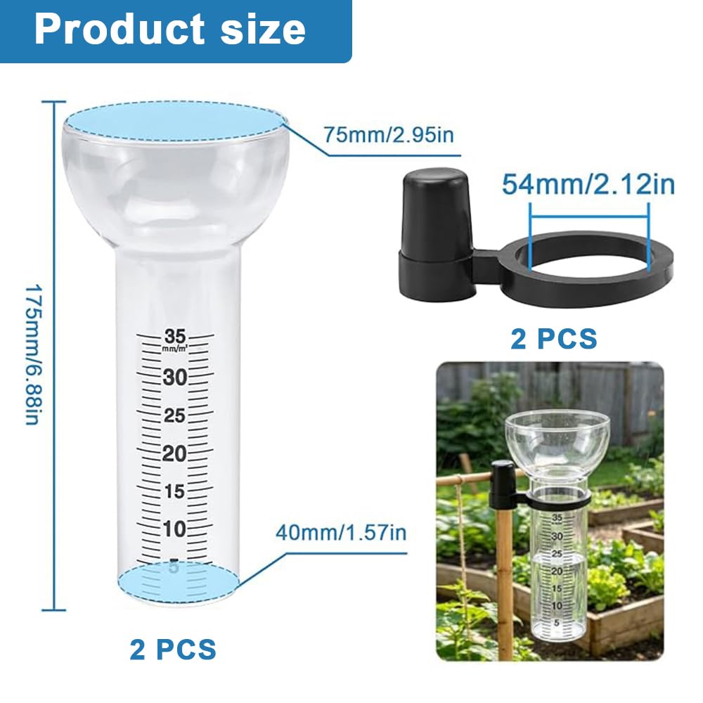 2 Piezas Pluviómetro De Cristal, Pluviómetro A Prueba De Helada de 35 mm, Vidrio de Repuesto para Pluviómetros con Soporte, Pluviómetros en Forma de Embudo para Medición De Agua De Lluvia
