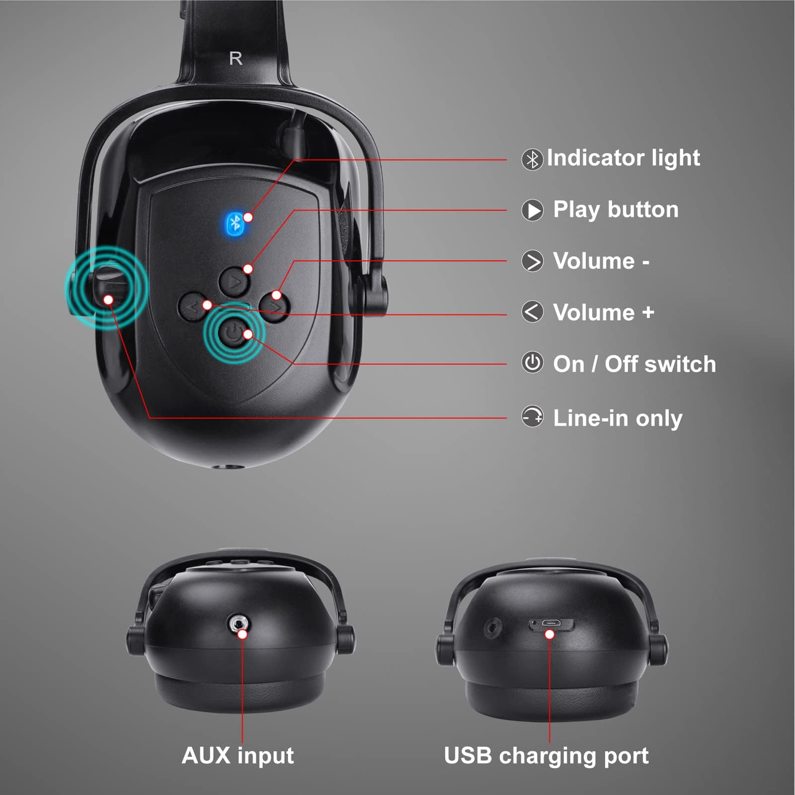 Kalence Cuffie antirumore Bluetooth, NRR 28 dB, regolabili, con protezione dell'udito 50 ore di riproduzione, per falciatura, edilizia, officina, nero, Nero , L