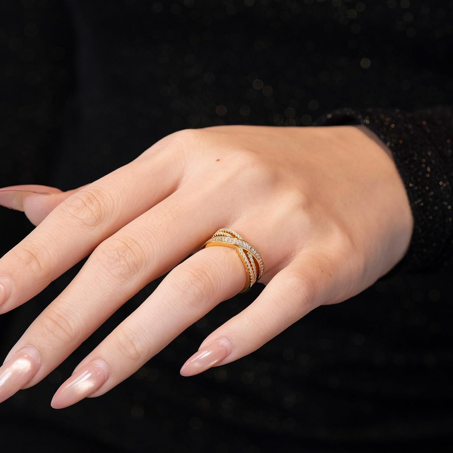 Aura & Irena 18K Gold/Platinum Plated Wide Band Rings for Women - Adjustable Thick Statement Rings with Cubic Zirconia, Non-Tarnish Cocktail Rings, Valentine's Day gifts