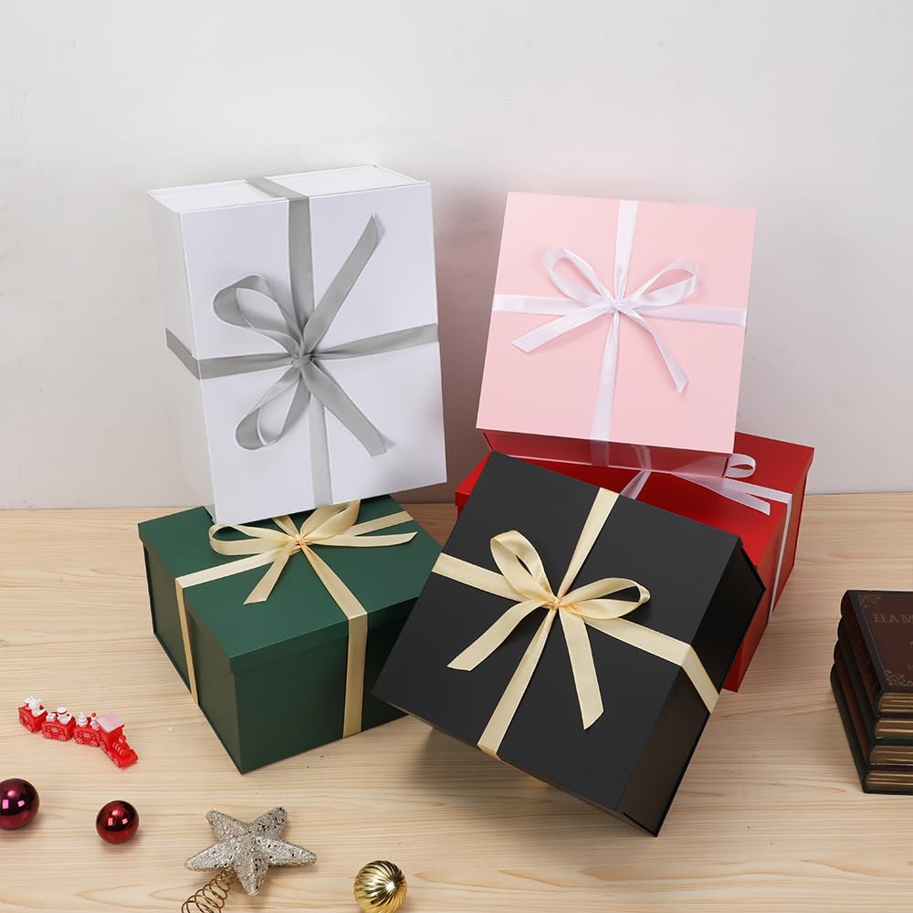 UoeRing Confezione da 2 scatole regalo grandi, 33 x 33 x 17 cm, per bomboniere nuziali, set di confezioni regalo di Natale con nastri e biglietti (rosa)