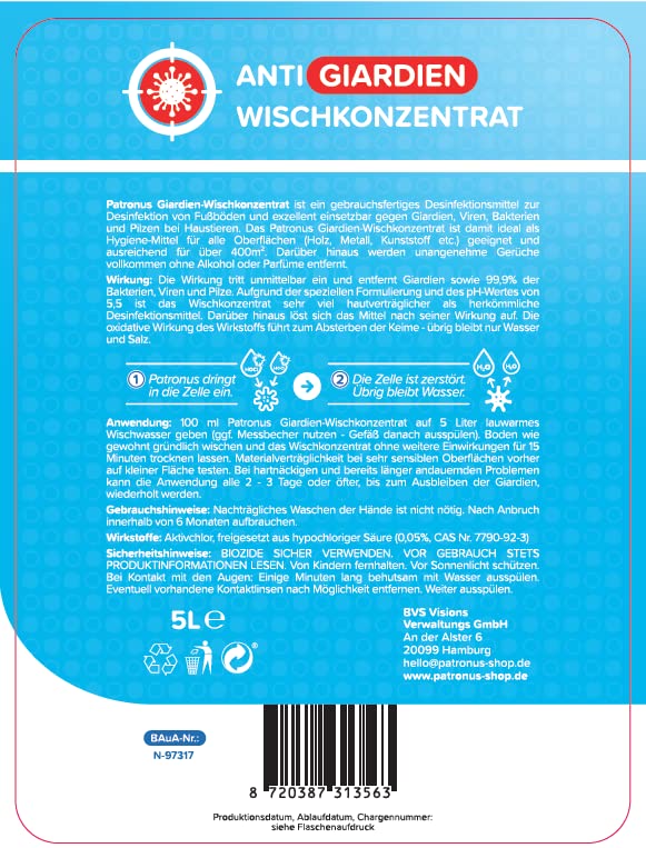 Patronus Giardien-Wischkonzentrat für Haustiere zur Desinfektion von Fußböden - 5 Liter Desinfektionsmittel zur Reinigung von Oberflächen gegen Giardien, Viren, Bakterien & Pilze