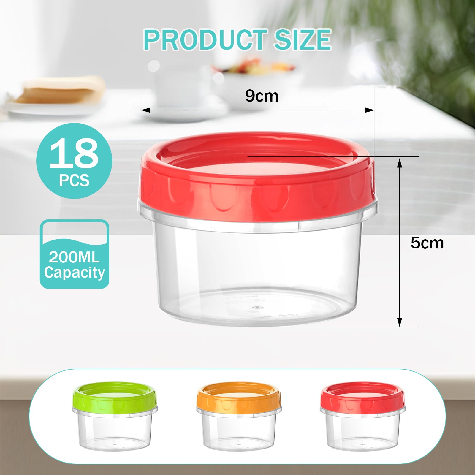 VINATO 18 Contenitori per Alimenti 200ml Ermetici Set Plastica Riutilizzabili con Coperchi Rosso Verde Arancione