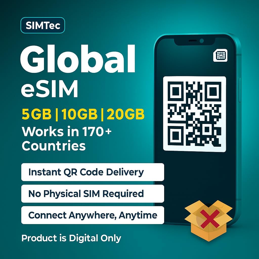 SIMTec Global eSIM Data Plan – 5GB | 10GB | 20GB – Instant QR Delivery via Whatsapp – Works in 170+ Countries (5 GB)