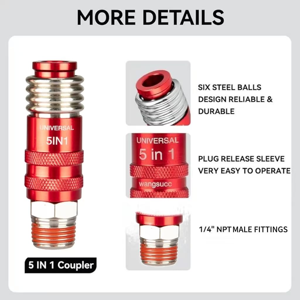 Acoplador universal de conexión industrial rápida 5 en 1, accesorios de manguera de aire NPT de 1/4 pulgadas NPT 5 en 1 de conexión rápida, accesorios de compresor de aire (5 piezas)