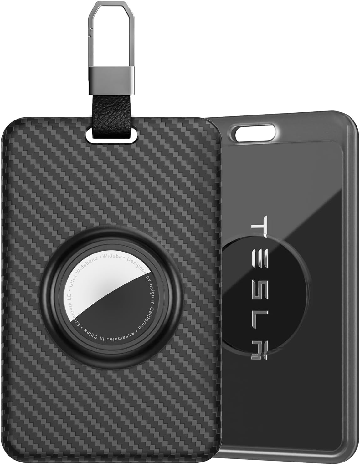 Key Card Holder for Tesla with AirTag Slot TNSNK Carbon Fiber Cover Protective Card Case with Keychain for Tesla Key 3 Y S X (Black)