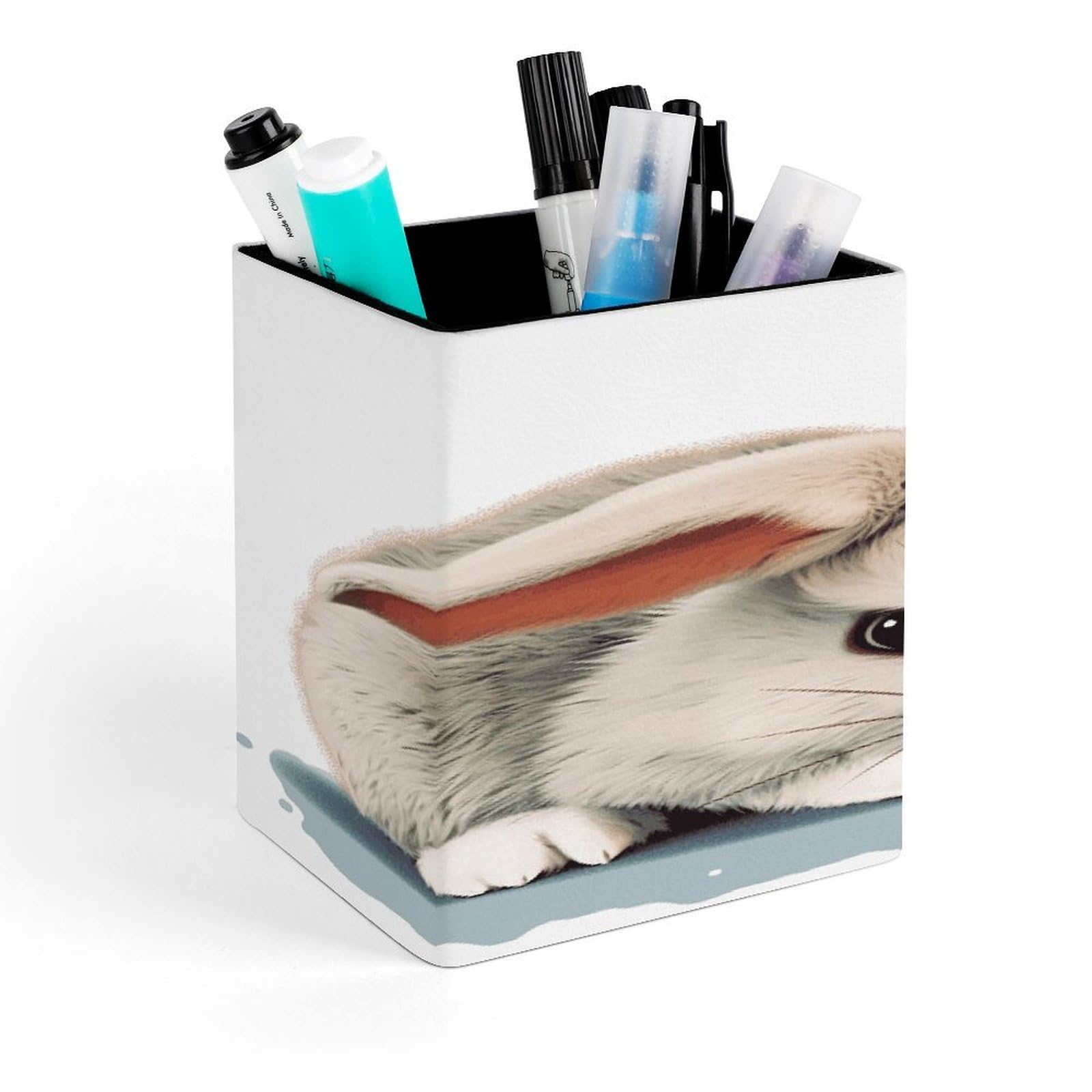 FekiLoot Square Cry Rabbit Pen Holder PU Leather Pencil Cup Desk Organizer Cute Makeup Brush Storage Organizer Modern Design Office Accessories Container Box 4.3x 3.5x 3.1 in