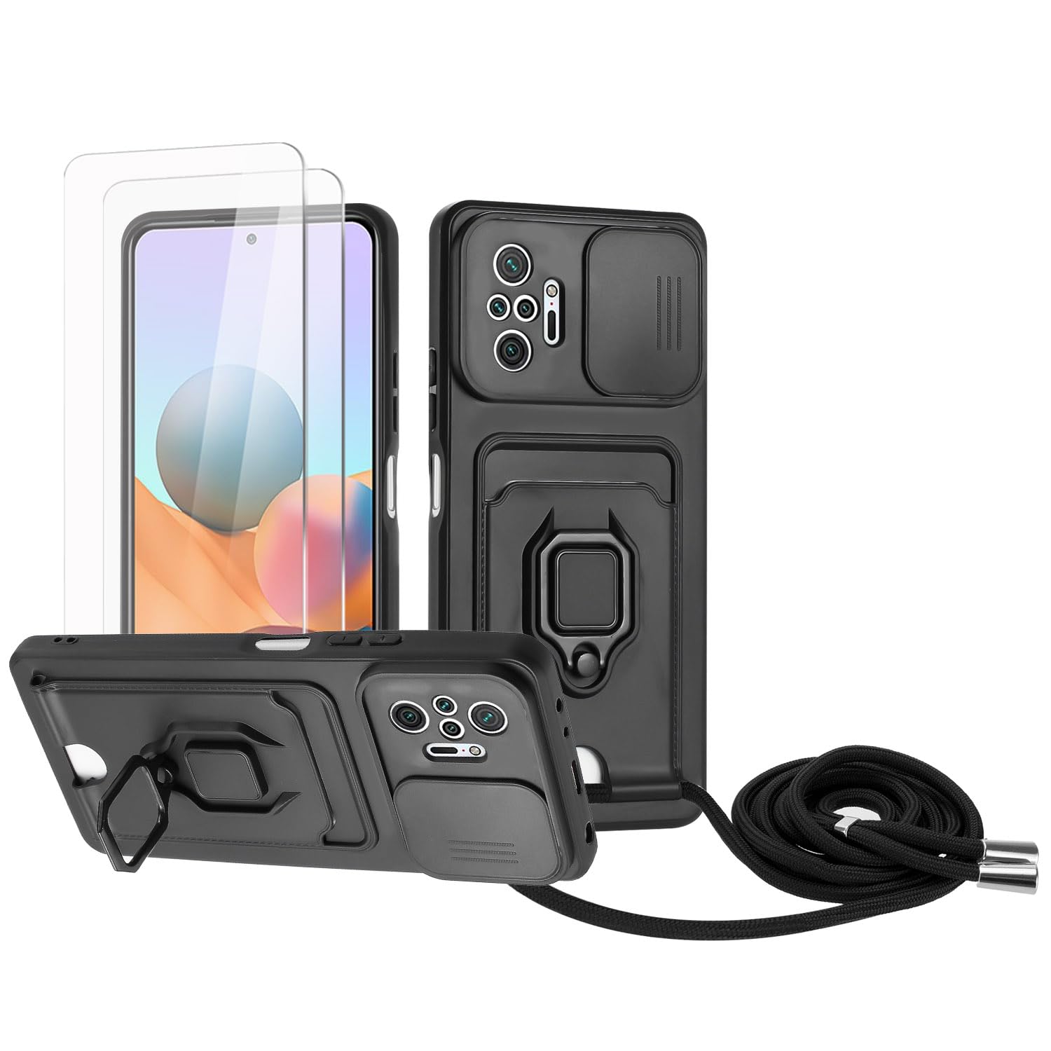 Zallagre Funda con Cuerda Compatible con Redmi Note 13 Pro 5G,[2 Packs Cristal Templado],Ranura para Tarjetas,Cubierta de Cámara Deslizante Proteger,360 Anillo Soporte-Morado — view 7