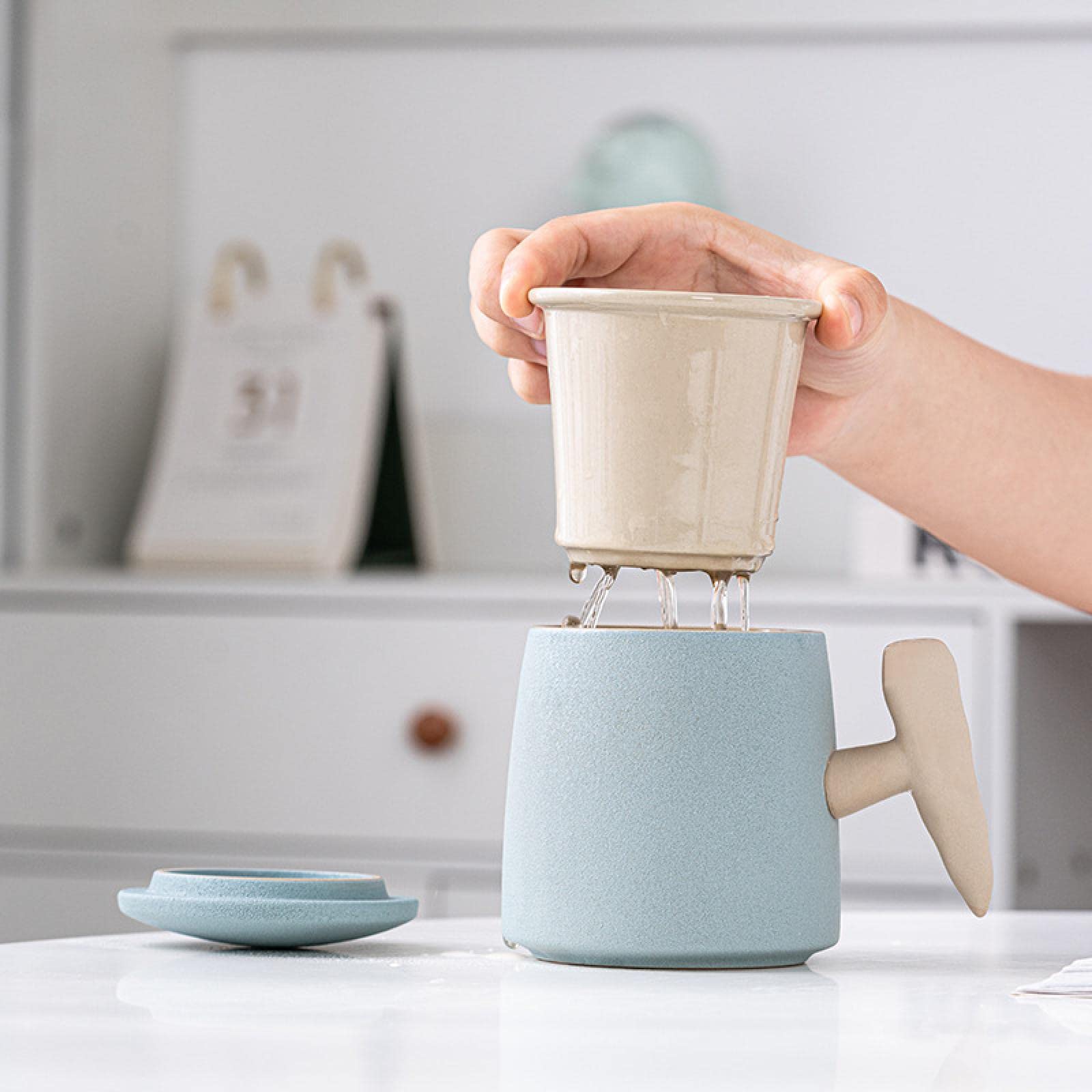 Tasse de séparation de thé, Tasse de thé à Bulles en céramique, Tasse d'eau filtrante avec Couvercle, Tasse en céramique, Tasse de bureau/2681