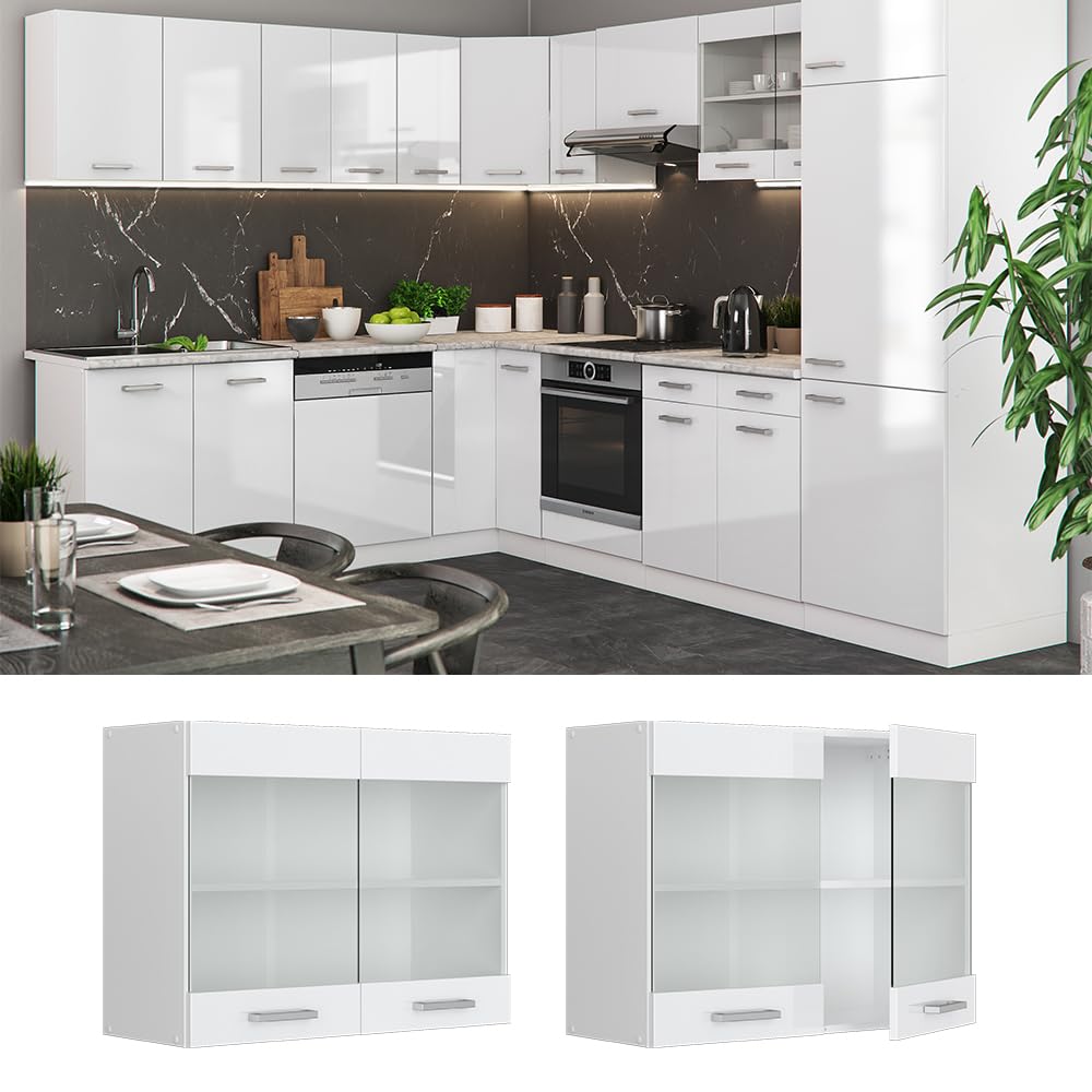 Vicco Mobile da cucina in vetro R-Line, Bianco lucido, 80 cm, per la libera combinazione all'interno di sistemi cucina modulari