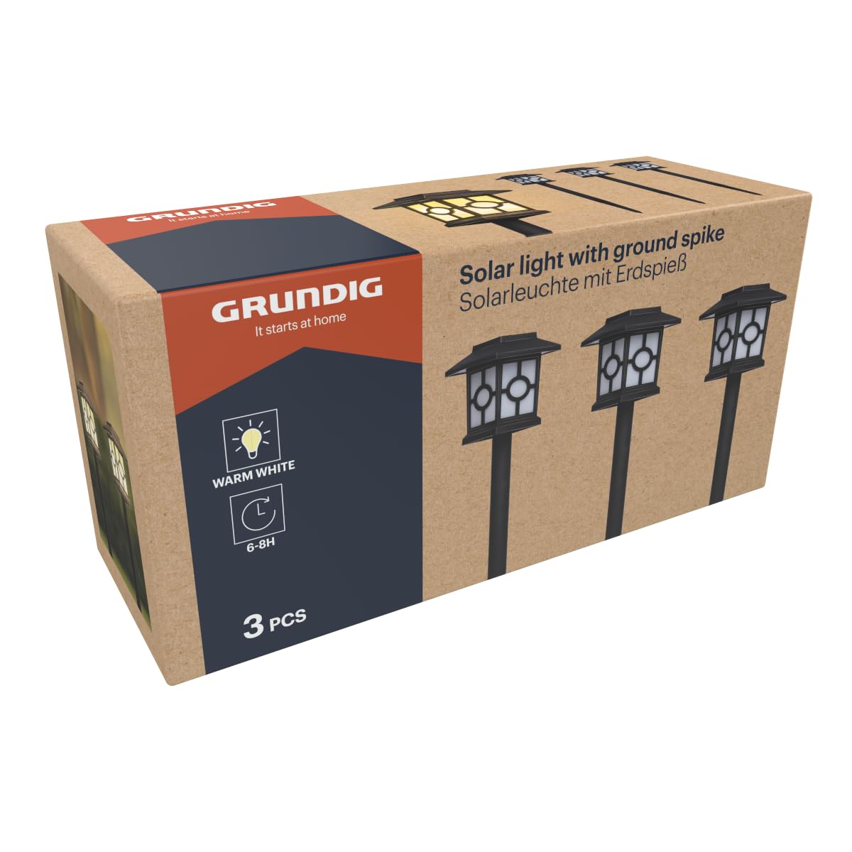 Grundig Solar Gartenleuchten Set 3-teilig - Solarbetriebene Gartenleuchten - IP44 - Warmweiß - 38 cm Höhe - Kunststoff und Metall