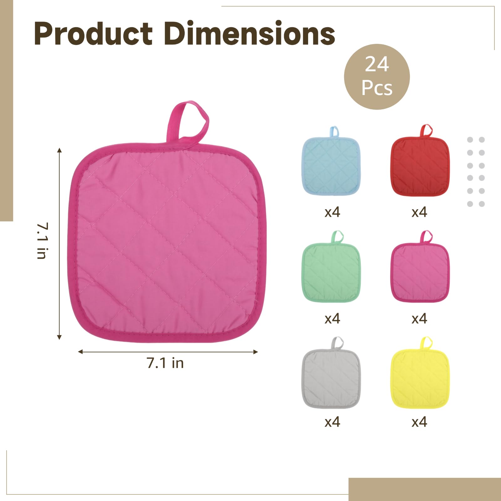 24 STK. Topflappen, 7,1 x 7,1 Zoll, Gesteppte Polyester-Wärmedämmungsunterlage für die Küche, rutschfeste quadratische Topfuntersetzer mit Aufhängeöse zum Kochen, Backen und Essen