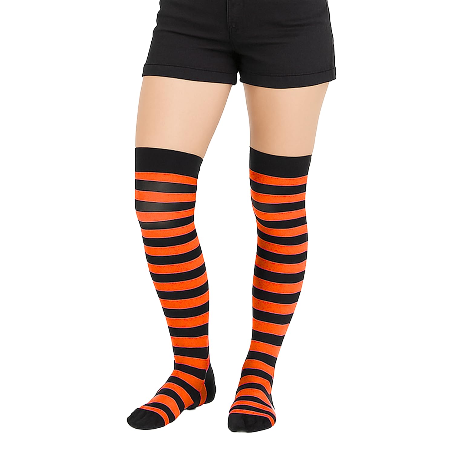 Crazy Chick® Stripe Over The Knee Socks Thigh High Girls Stretchy OTK Socks Fancy Dress (Black & Orange)