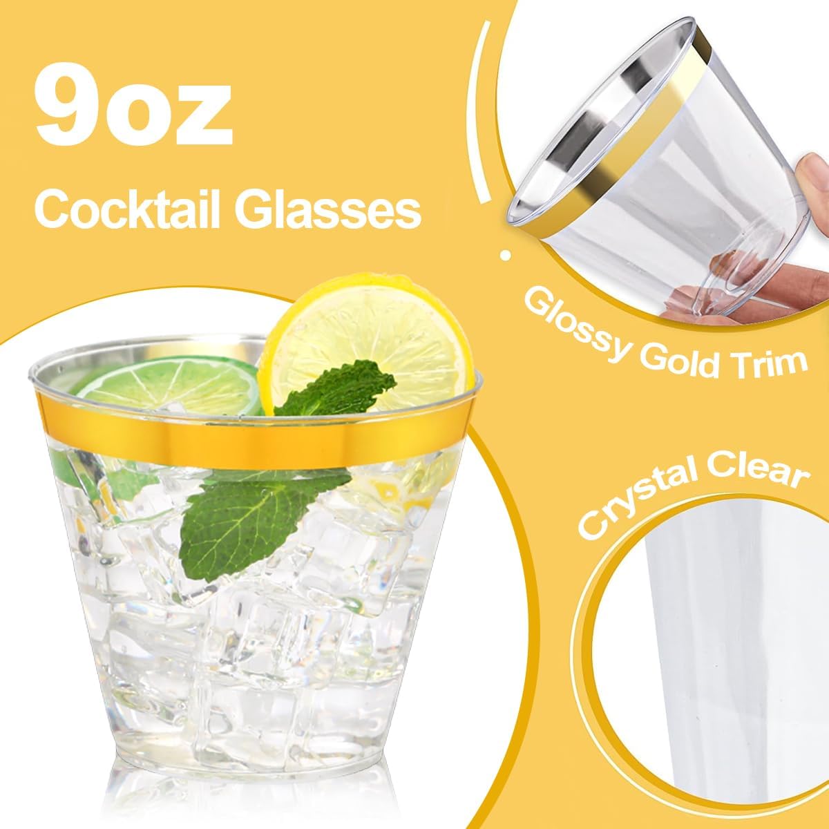 100 Pcs Gold Plastic Cups,9Oz Gold Rimmed Plastic Cups,Heavy Duty Gold Rim Clear Disposable Plasitc Cocktail Tumblers Wine Cup for Party,Wedding,Birthday,Christmas - Image 3