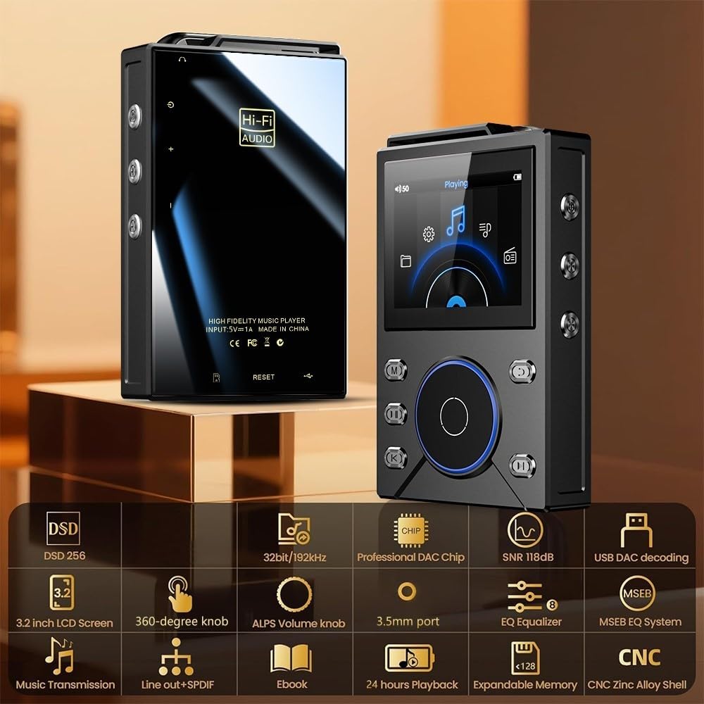 Lettore musicale HiFi Lossless MP3 con DSD256, BT 5.0, riproduzione 50H, LCD da 2,4 pollici, corpo in lega di alluminio CNC, uscita 3,5 mm, supporta scheda TF da 256 GB per viaggi e pendolari