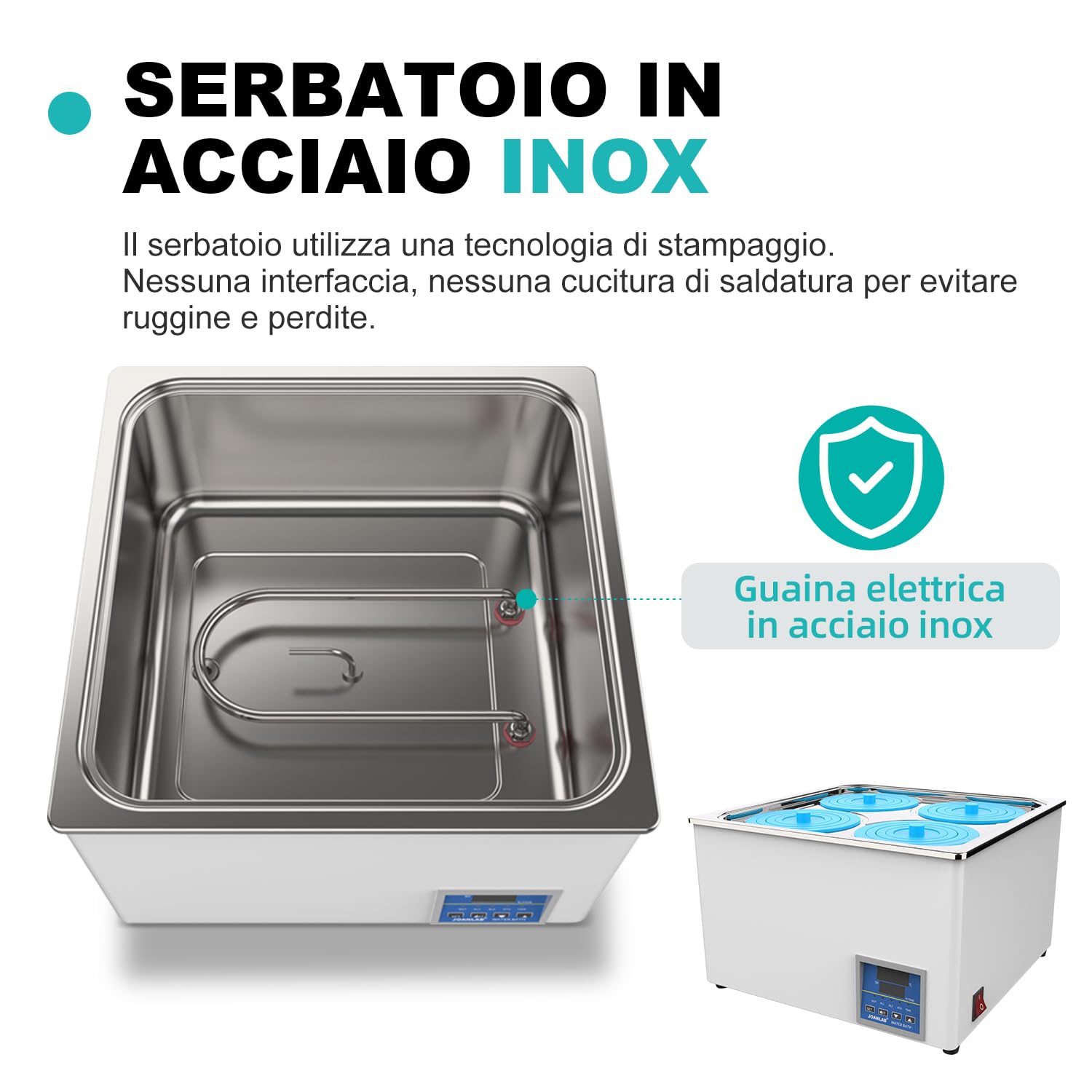 JOANLAB Bagnomaria da Laboratorio 12L, 800W - Quattro Aperture, Acciaio Inox - Termostato Digitale ±0,1°C - Timer 0-99 Min - Display LED