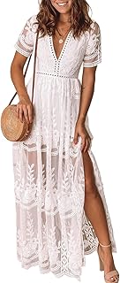 Women's Deep V-Neck Lace Romper Short Sleeve Long Dress - Buy now