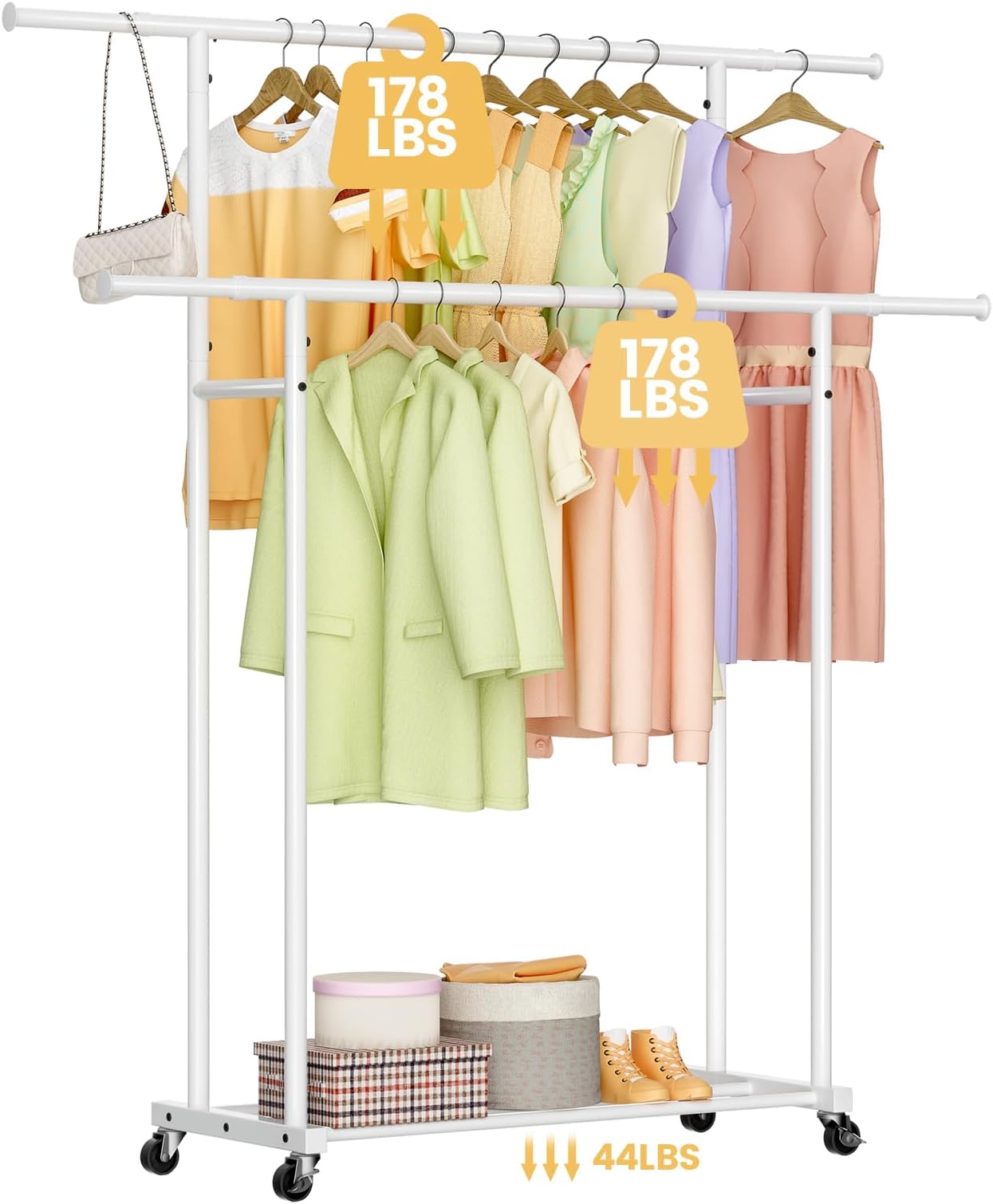 Amazon.com: Fishat Portable Black Double Rods Garment Rack with Rolling ...