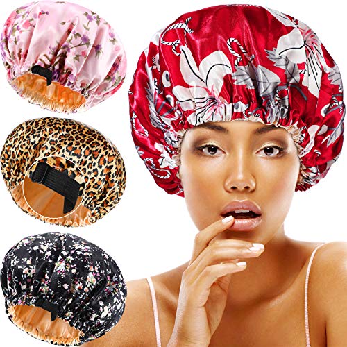 4 Pieces Satin Bonnet Adjustable Sleep Cap Double Layer Printed Hair Bonnet Large Reversible Sleeping Silk Night Hair Cap for Women Natural Curly Hair (Floral, Flamingo, Flower)