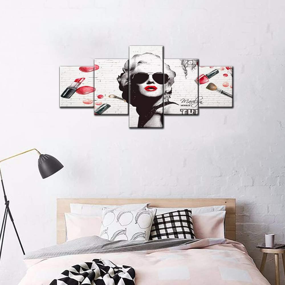 Up To 40% OFF Lips Wall Art Classic Movie Stars Pictures Model and Singer Painting Sexy Girl Marilyn Artwork for House 5 Panel Printed on Canvas Giclee Framed Gallery-Wrapped Ready to Hang in Bedroom(50''W x 24''H)