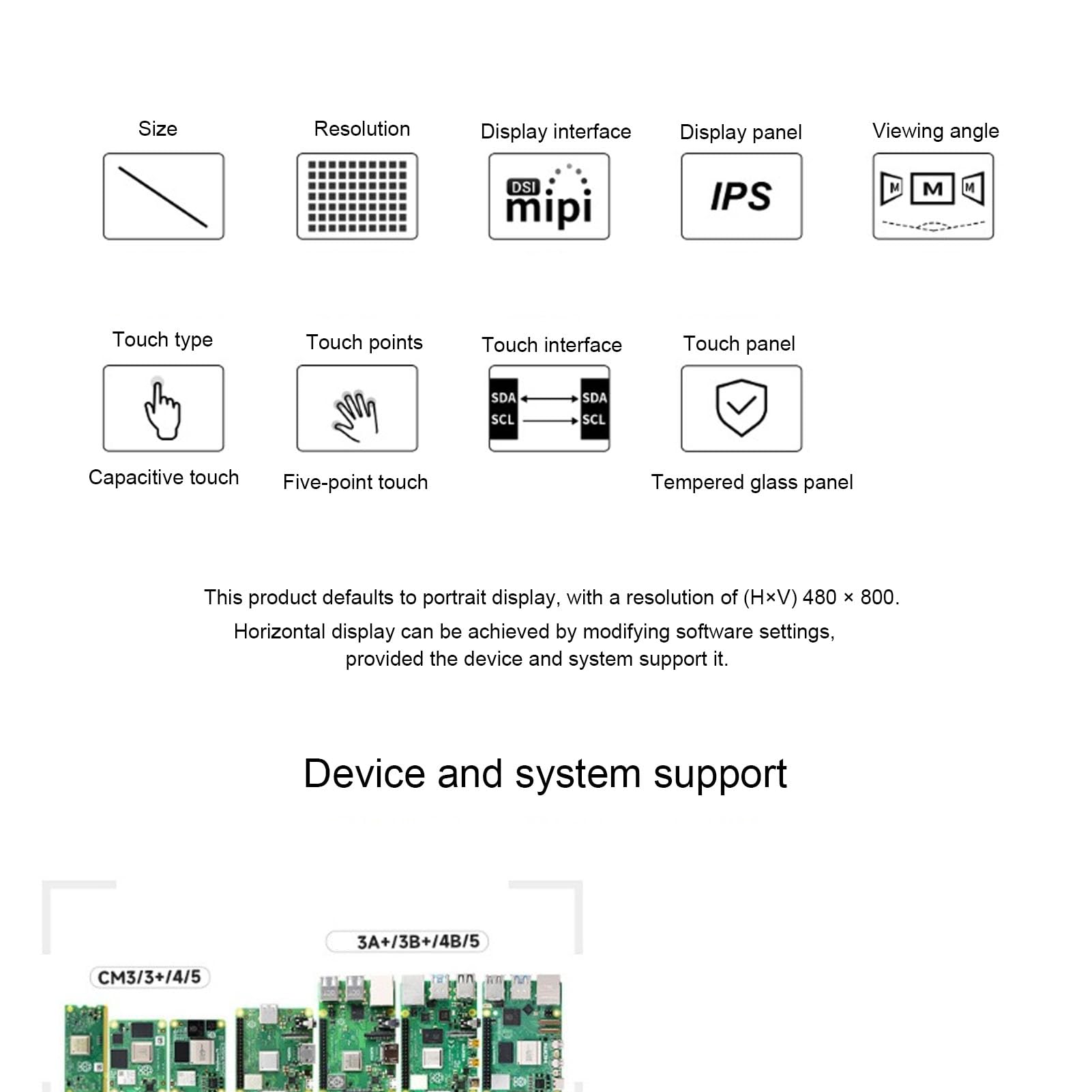 Jectse 3,5-calowy Pojemnościowy Ekran Dotykowy DSI, rozdzielczość 480x800, 5-punktowy Dotyk dla Rasp Pi, CM5, 4B, CM4, 3B+, 2B, A+ ze Szkłem Hartowanym