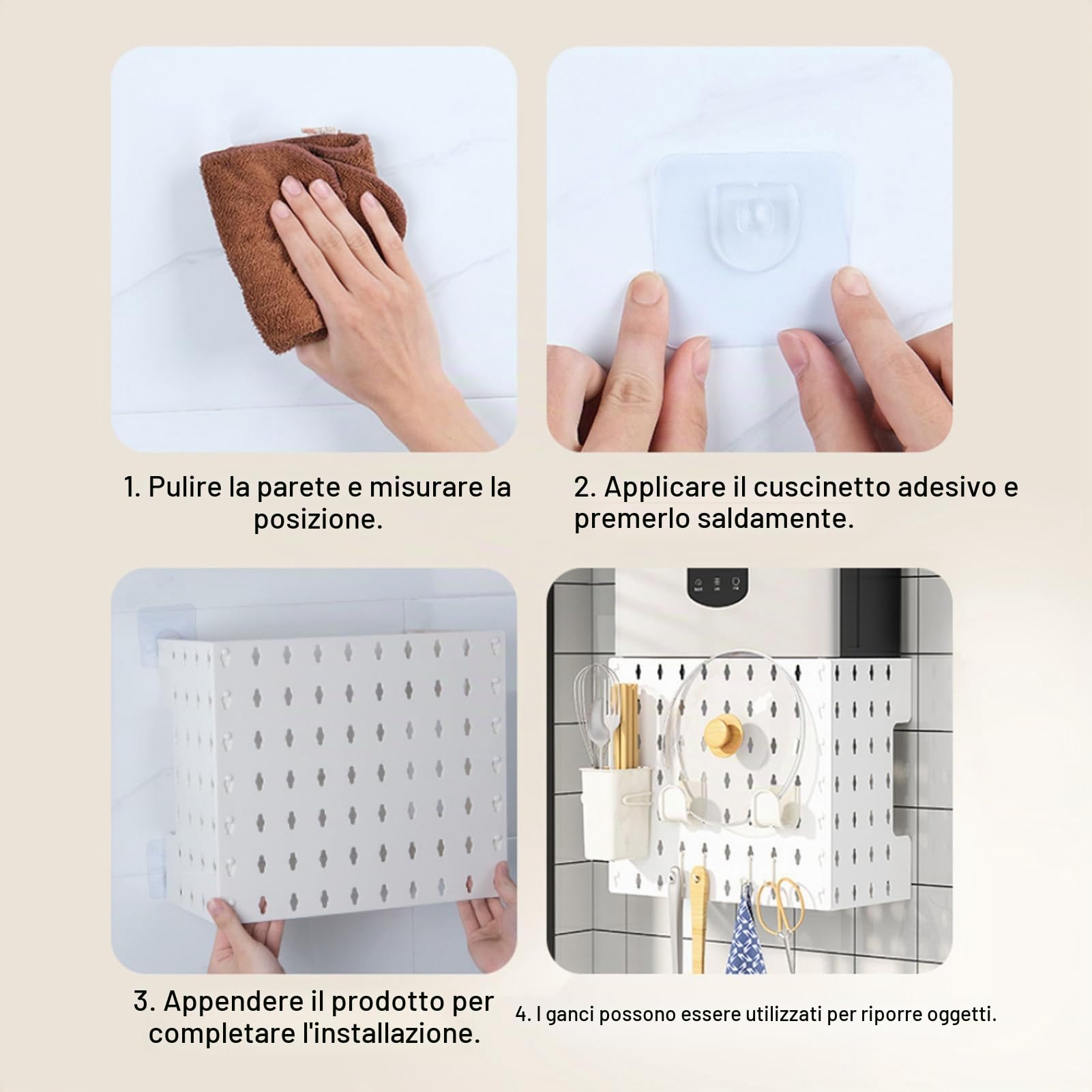Pssopp Pannello Forato da Parete, Kit per Montaggio a Muro con Custodia per Tubi Caldaia e Cuscinetti Autoadesivi per Organizzazione Bagno e, Grande