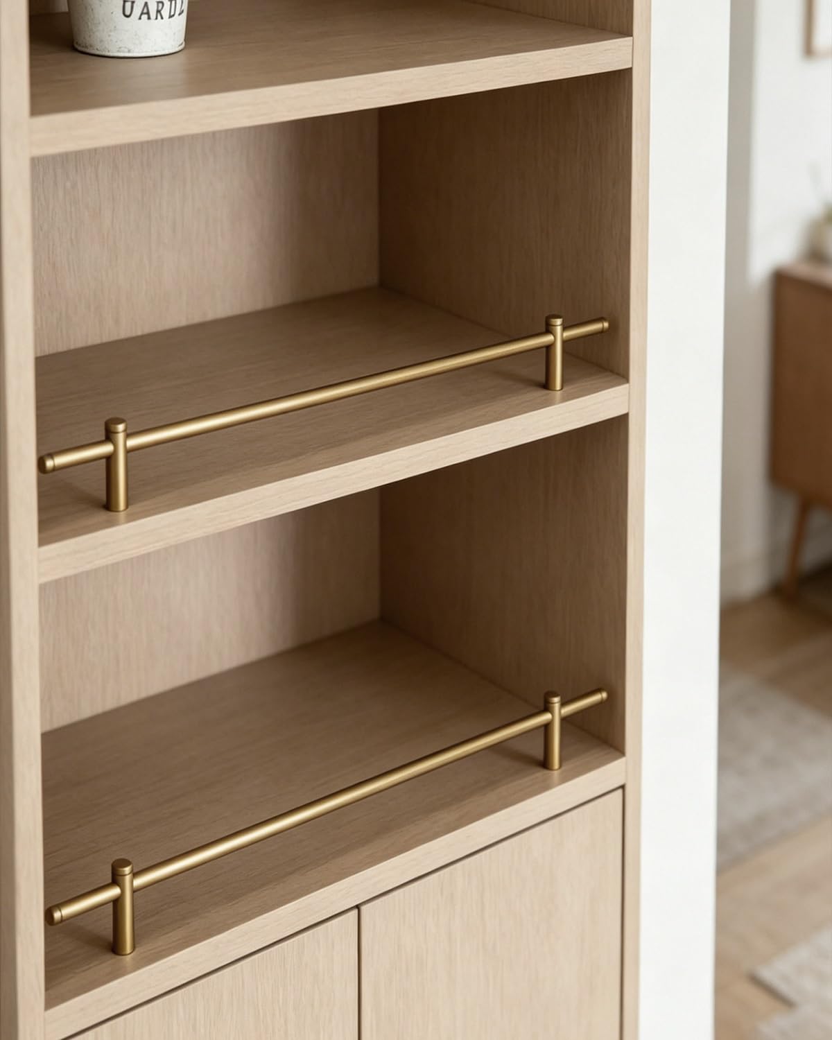 Blazea Brushed Bronze 2 Pack Anti-Tipping Shelf Rails For Wooden Racks, Modern Decorative Bookshelves Guard Rail With 2 Spindles, Thin Aluminum Cabinet Barrier Rod(,23In(58Cm))