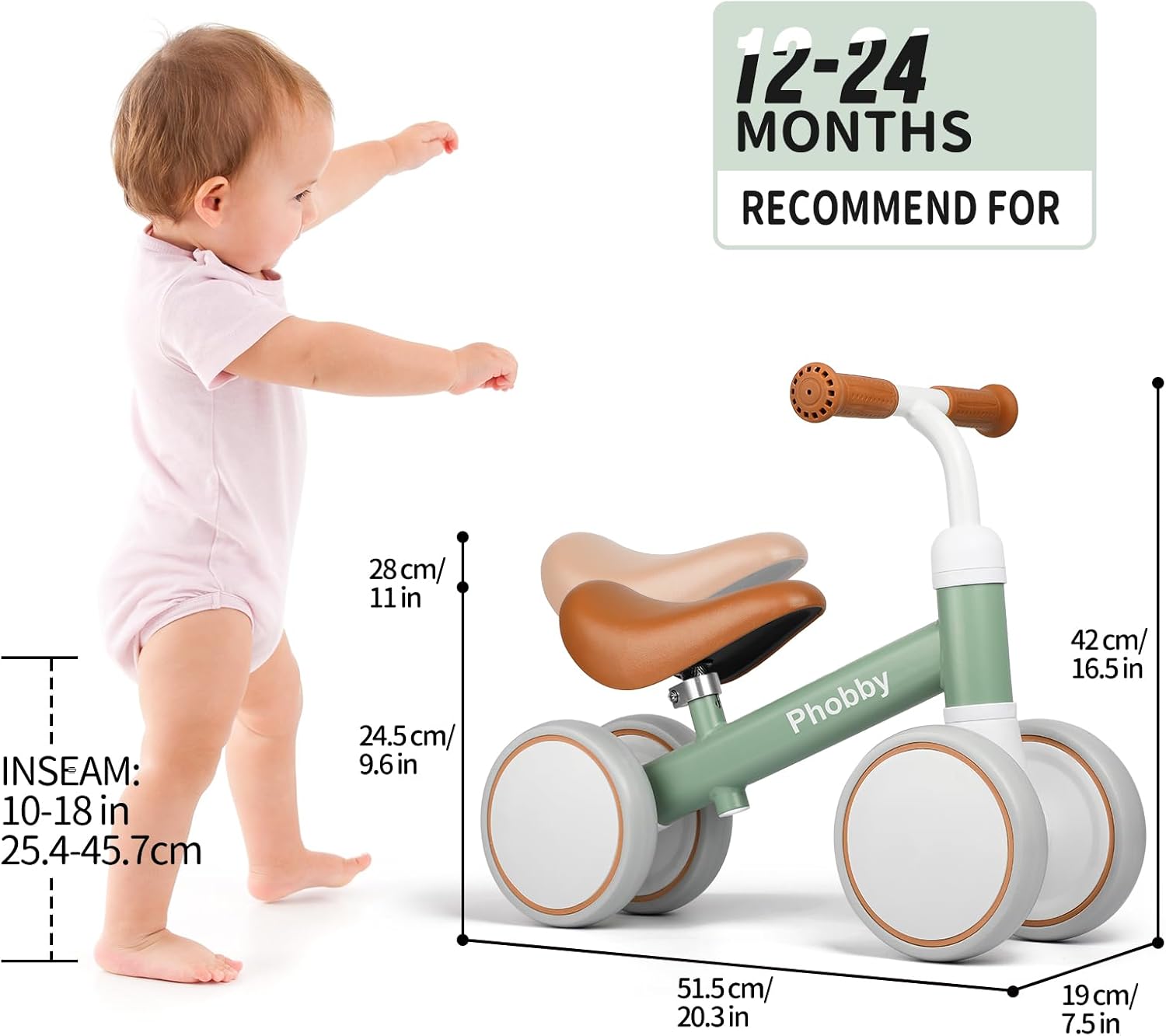 Baby Balance Bike for 1 2 Years Old Boys Girls, 4 Wheels Toddler Bike with Adjustable Seat, 12-24 Months Kids First Birthday Toy Gift