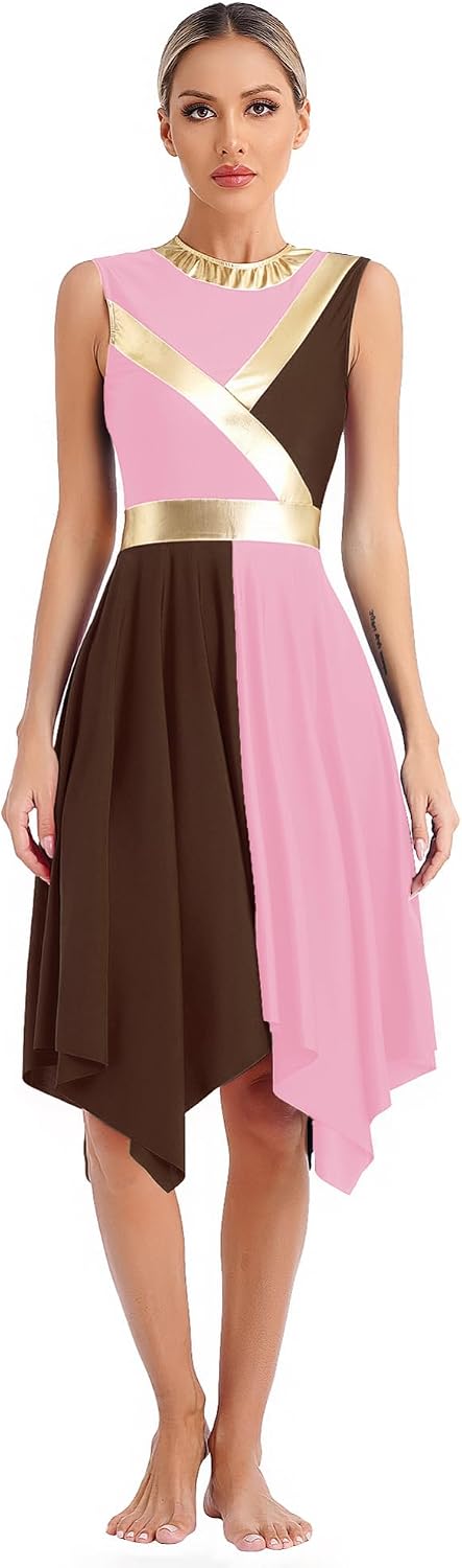 iEFiEL Praise Dance Tunic for Women Color Block Sleeveless Asymmetrical Hem Dresses Lyrical Dance Costume