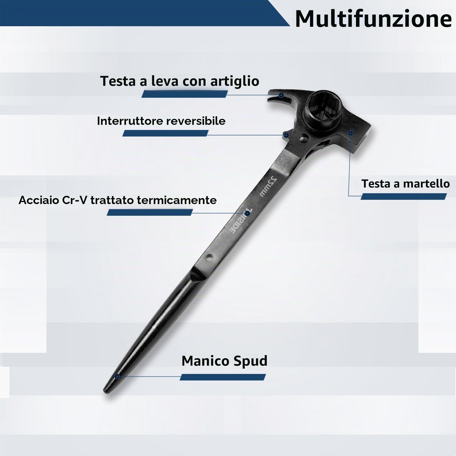 Chiave per Ponteggi 4 in 1 | 19 x 22 mm Chiave a Cricchetto per Radiatori Martello Estrattore di Chiodi Punzone Conico e Cricchetto Reversibile