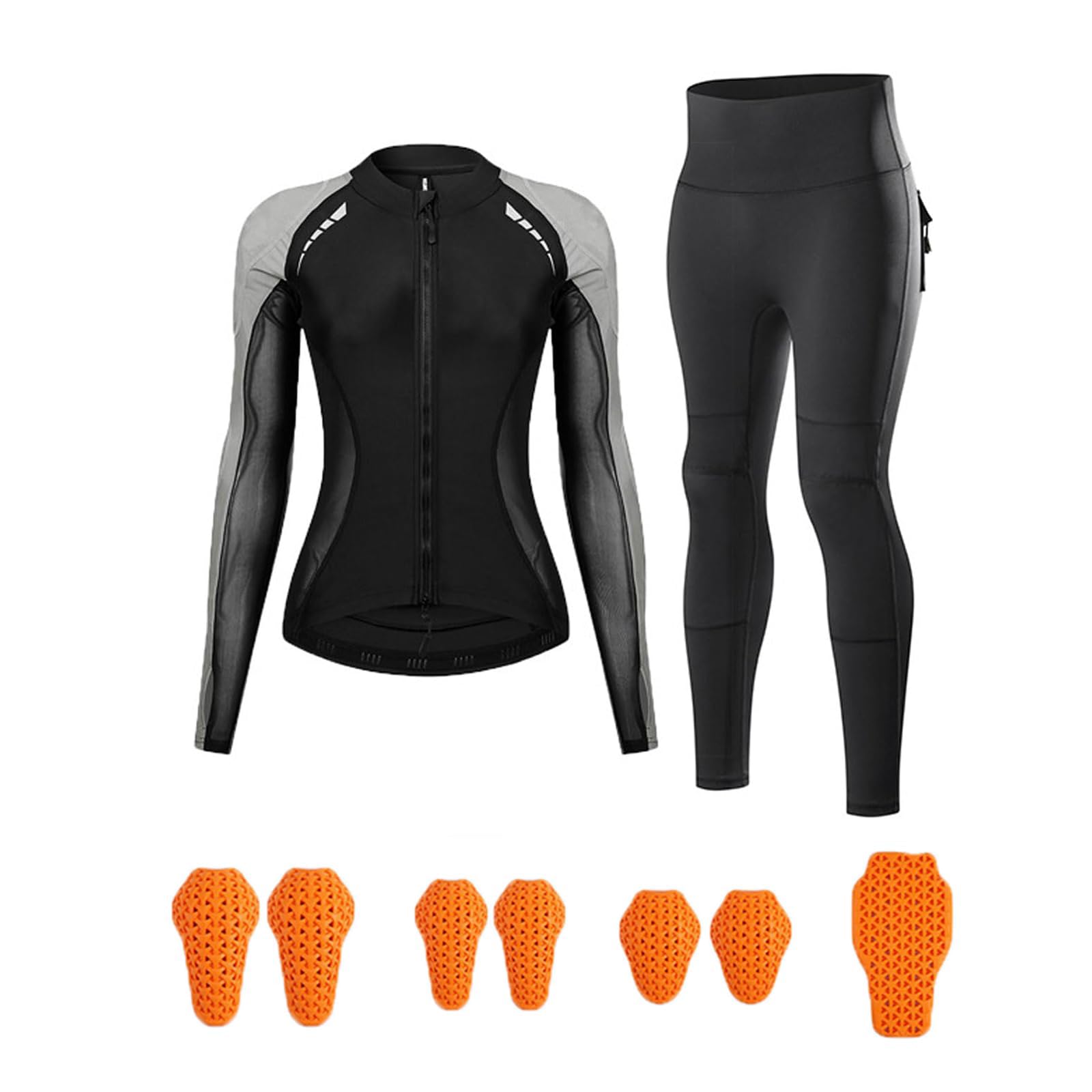 Completo moto donna 3 in 1, top mesh e leggings rinforzati traspiranti, equipaggiamento protettivo vita alta sollevamento fianchi strisce riflettenti di sicurezza notturne nero