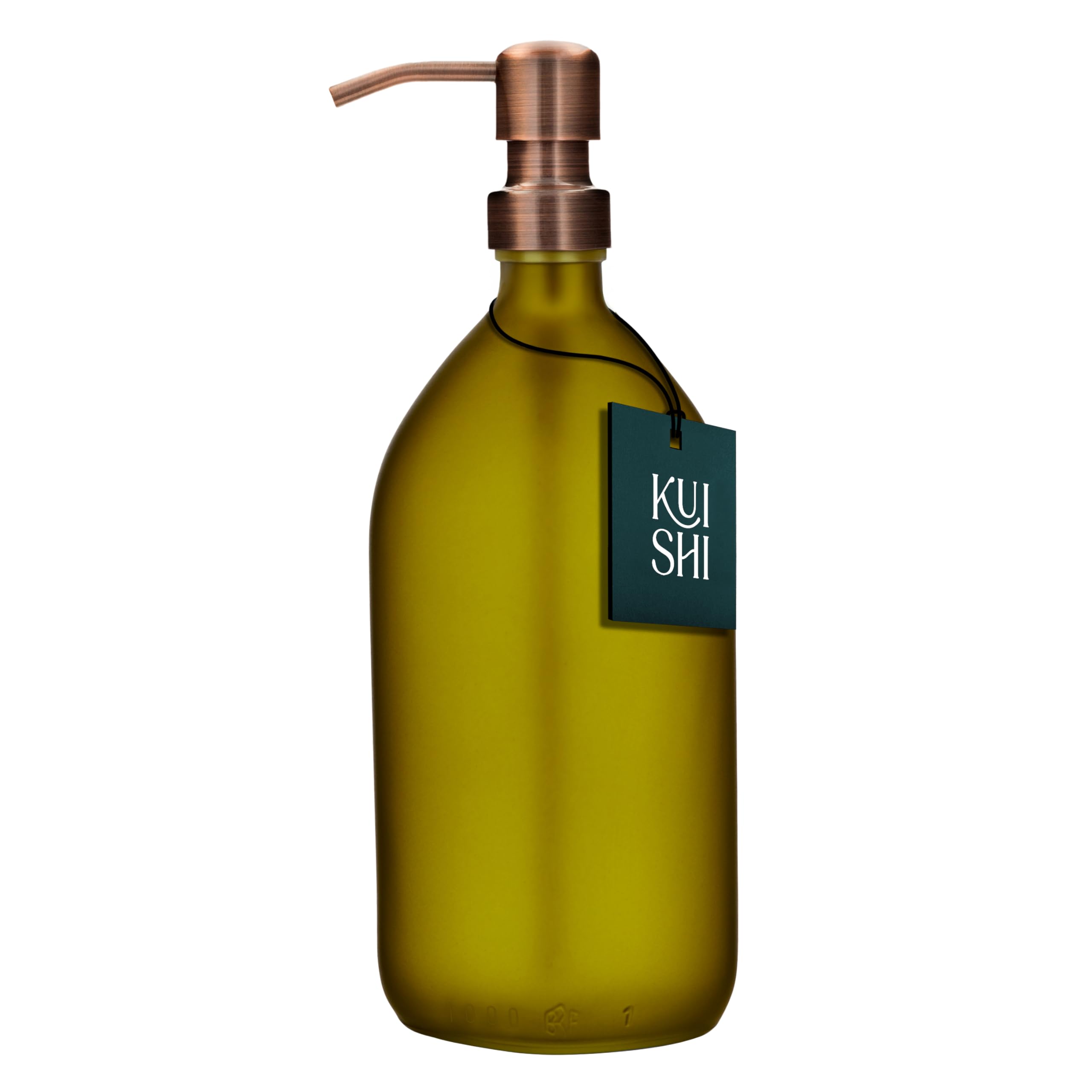 Kuishi 1000ml Green Matte Glass Soap Dispenser with Bronze Stainless Steel Pump – Refillable BPA-Free Shampoo and Conditioner Dispenser - Hand Soap Bottle for Kitchen & Bathroom