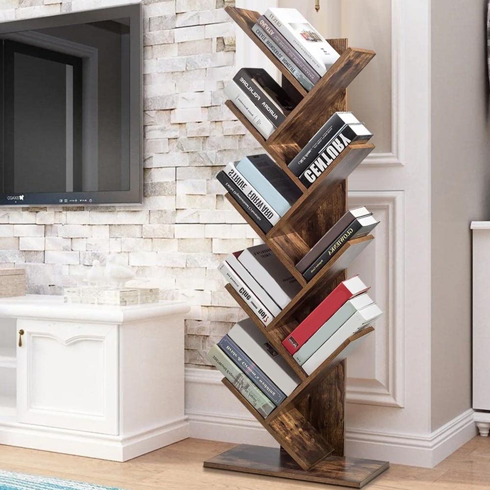 BAKAJI Libreria Scaffale 10 Ripiani Inclinati in Legno MDF Effetto Anticato Design Moderno Industriale per Soggiorno Salotto Casa Ufficio Dimensione 141 x 25 x 50 cm
