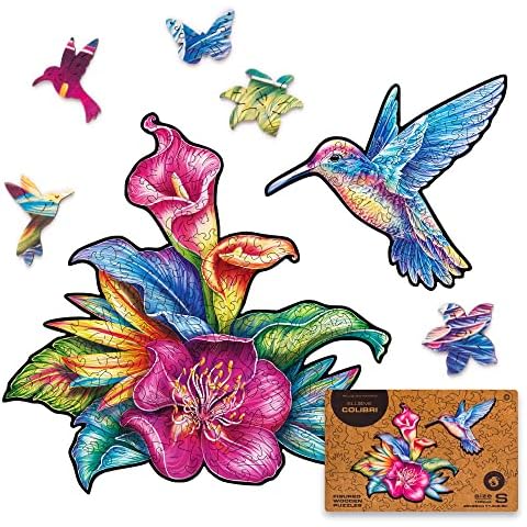 UNIDRAGON Original Wooden Jigsaw Puzzle - Elusive Colibri, 100 pcs, Small 11.3"x8.5", Unique Animal Shaped Puzzle Box, Birthday Gift Idea for Kids, Adults, Girls, Boys, Family Game and Hobby Cover