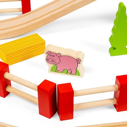 Miniatura 6 de Bigjigs Rail Juego de tren de madera de 80 piezas para carretera rural y ferrocarril, juego de tren para niños con 80 accesorios de tren Bigjigs