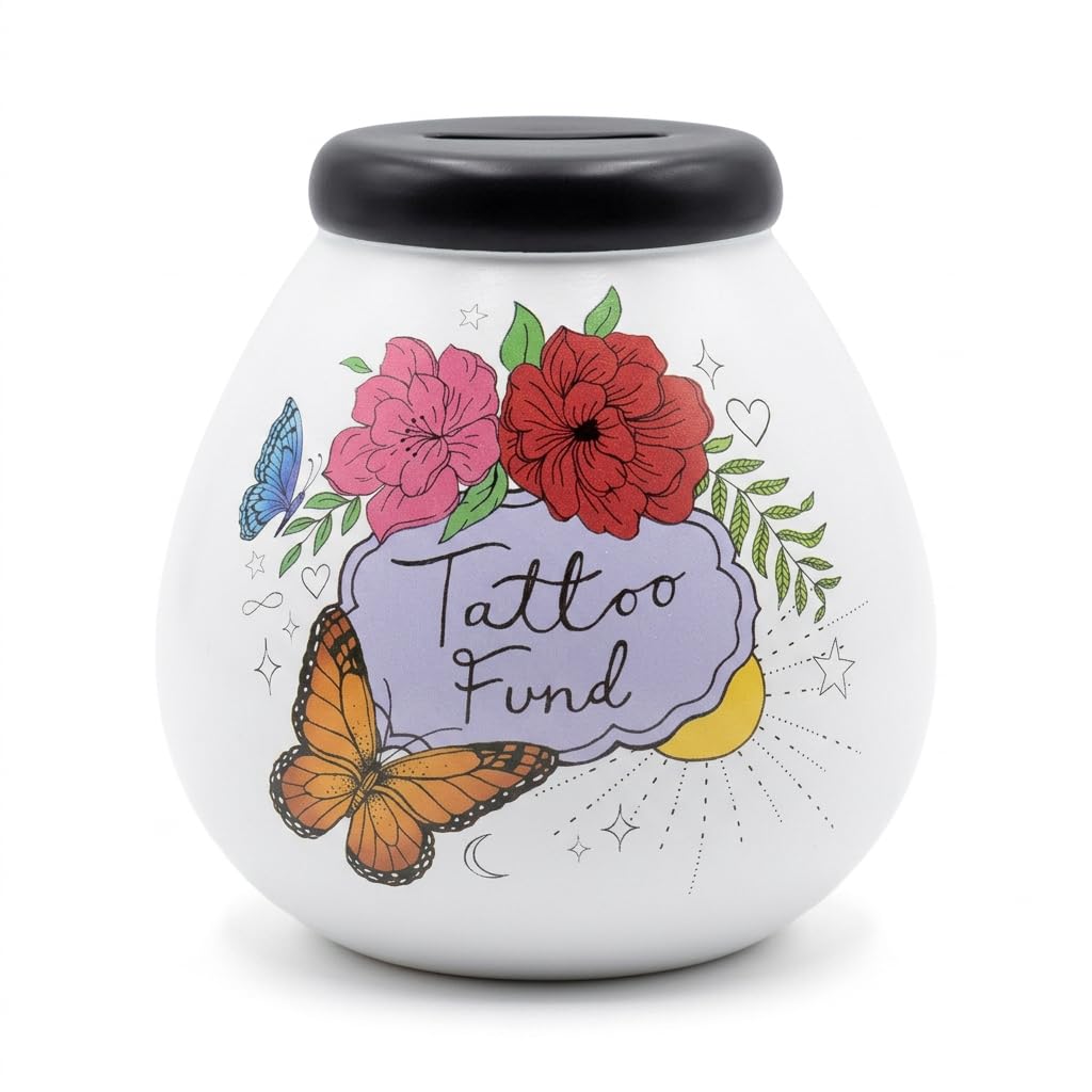 Pot of Dreams Tattoo Fund Ceramic Money Box – Hand Painted Savings Pot, Break to Open Piggy Bank, Holds up to £1000 Coins, Earthenware Keepsake Gift