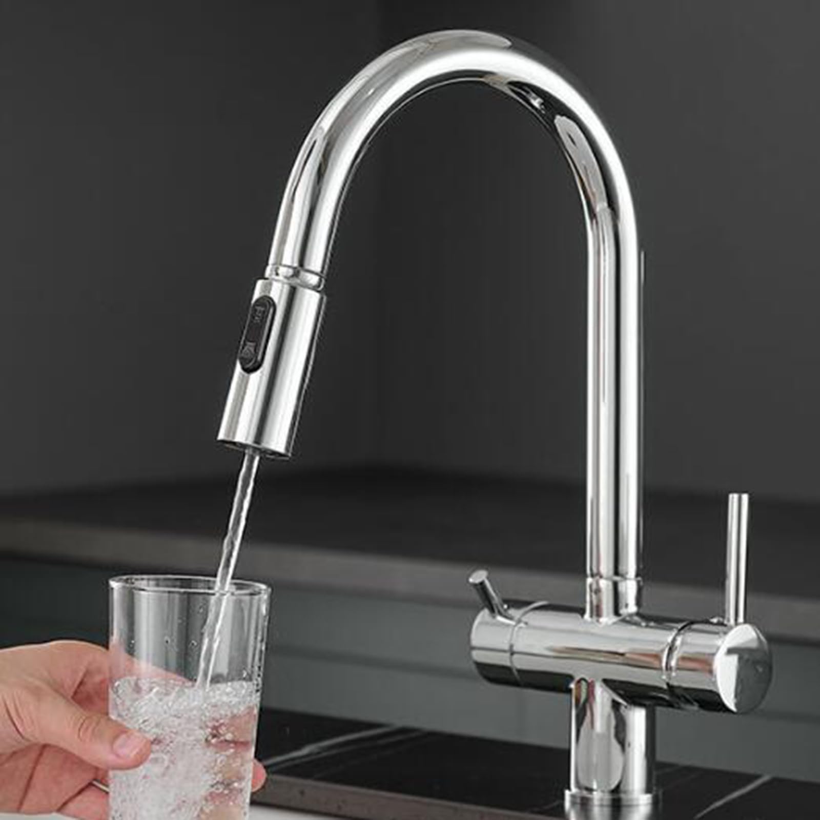 ZYCHSJXA 3 Way Kitchen Tap - Pull Out Swivel Sink Taps, Single Hole Design, 2 Handles, Brass with Chrome Plating