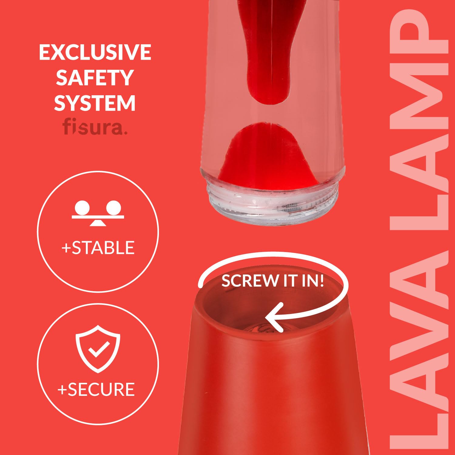 Fisura – Lampa z lawą czerwona. Podstawa i lawa w kolorze czerwonym z przezroczystym płynem. Lampa relaksacyjna z zapasową żarówką. 11 cm x 11 cm x 39,5 cm.