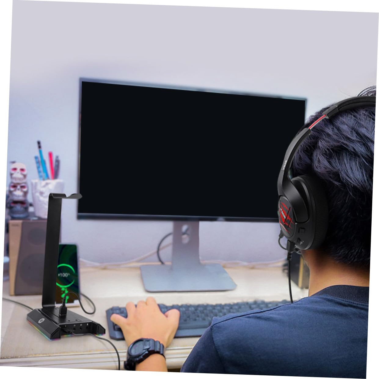 Stand Per Cuffie Gaming Con Porta Usb e Illuminazione Rgb Supporto Stabile Per Headset Da Scrivania Organizer Per Auricolari e Accessori Design Compatto e Funzionale