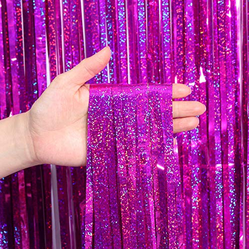 Image of Tinsel Curtain Backdrop 2 Pack 3ftx8ft,CYLMFC Foil Backdrop Curtain Photo Booth Euphoria Christmas - Rose Red