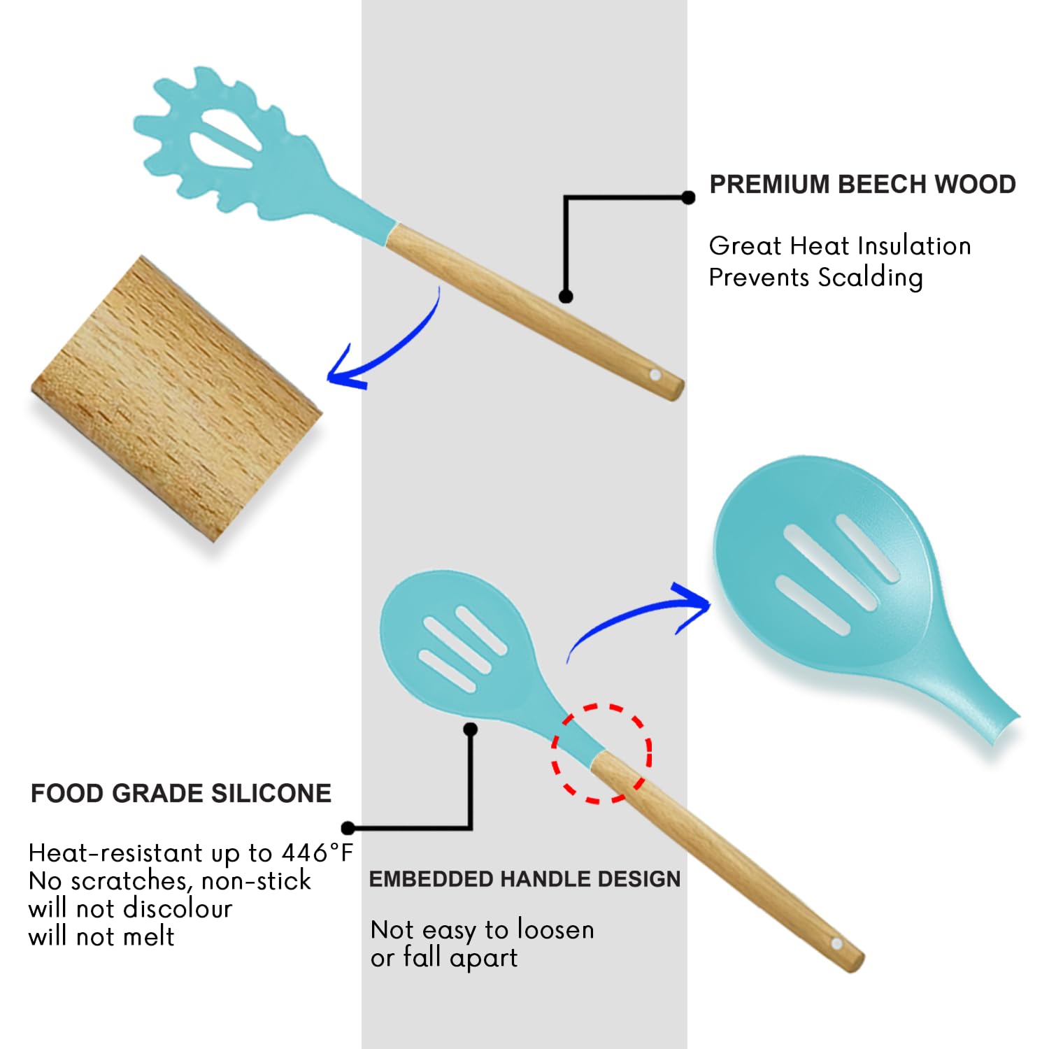 AEX 12-teiliges Silikon-Küchenutensilien-Set mit Halter, hitzebeständige Kochutensilien für antihaftbeschichtete Pfannen, Holzgriff, Spatel und Löffel, Küchenutensilien-Set (blau)