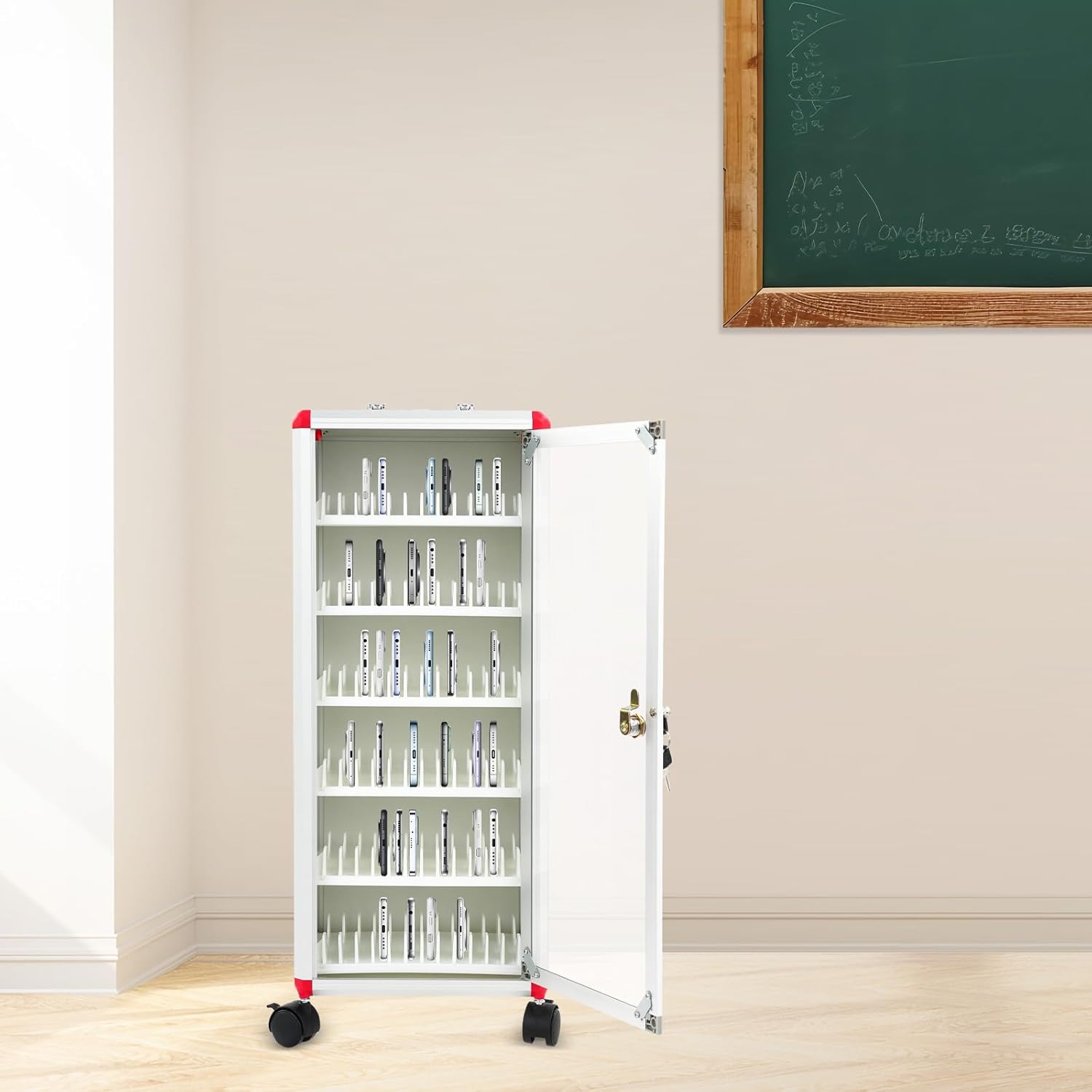 72 Slots Cell Phone Locker, Cell Phone Storage Box with Wheels Aluminum Alloy Pocket Chart Storage Cabinet Cellphone Lockers for Schools Classroom Business Employees