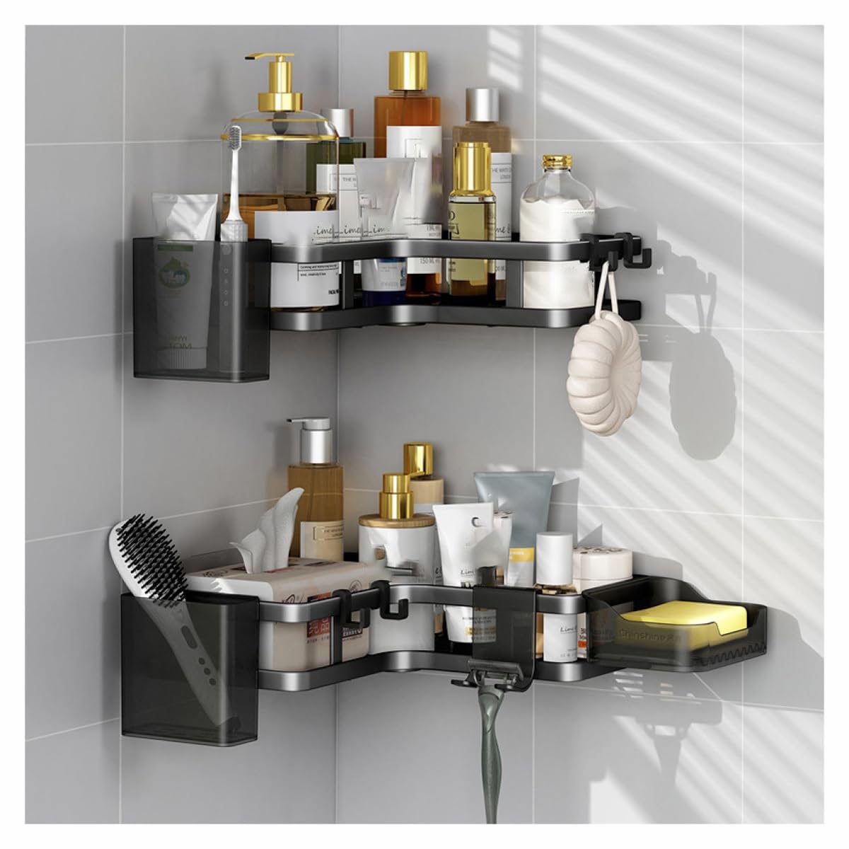 EVERZONE Corner Shower Caddy Tension Pole 2-Tier Adjustable Shelves for Bathroom Organizers and Storage Floor to Ceiling Rustproof