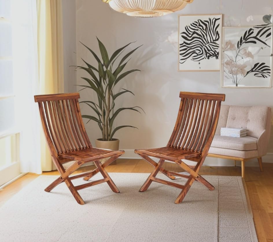 Image of Wooden Patio Folding Set of 2 Dining Chairs for Living Room | Wooden Set of 2 Foldable Chair for Garden, Balcony for Home (Honey Finish)