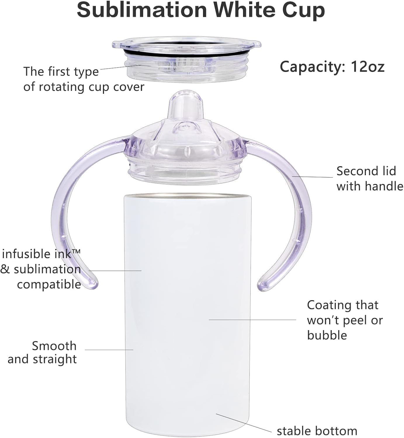 6 Pack Sublimation Blanks Sippy Cup Baby Bottle with Handles Straight Stainless Steel Insulated Skinny Tumblers with Splash proof Lid 12 oz Shatterproof Water Tumbler