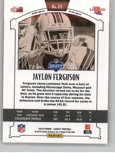 Miniatura 2 de 2019 Panini Legacy Premium Edition Silver Prizm #173 Jaylon Ferguson Louisiana Tech Bulldogs Rookie Official NFL Football Trading Card in Raw (NM or
