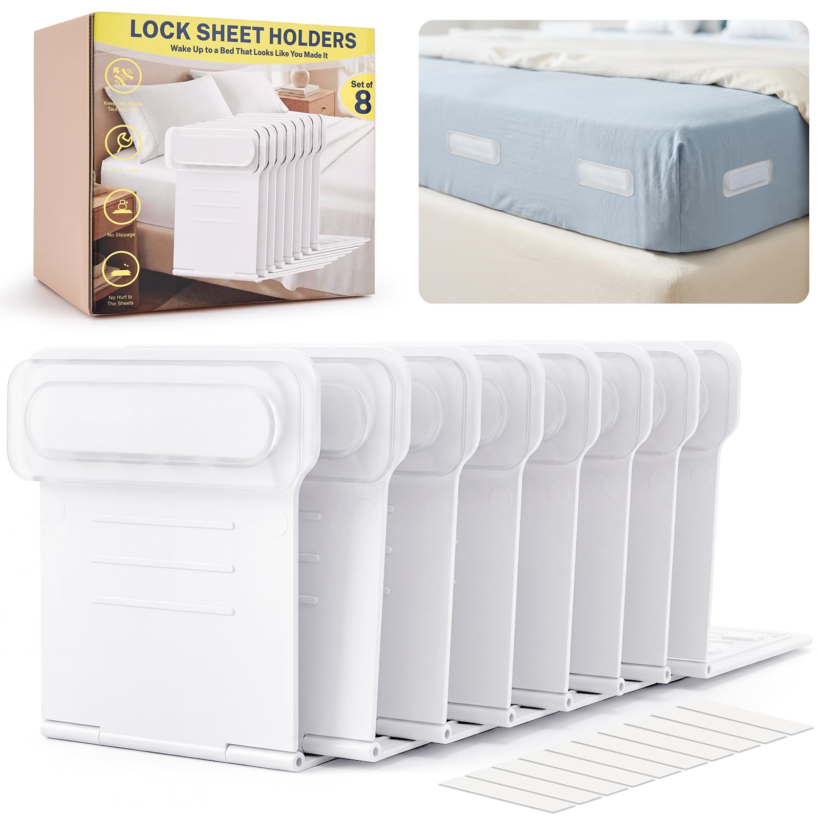 Bed Sheet Holders for Corners - Adjustable Mattress Sheet Straps &amp; Fitted Sheet Clips, Professional Bed Sheet Grippers &amp; Fasteners to Keep Sheets in Place, Secure Sheet Lock