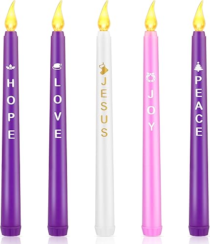 Fovths Paquete de 5 velas LED de adviento de Navidad con palabras, esperanza, paz, amor, alegría, Jesús, velas de Adviento sin llama, velas LED
