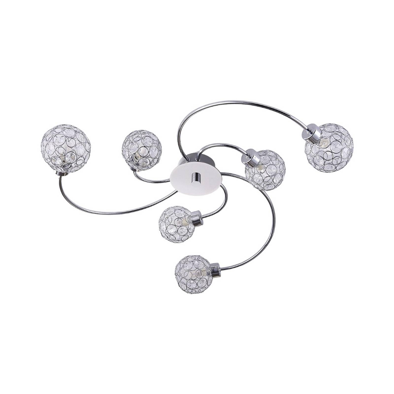 Lindby Tyron 6-Point Ceiling Lamp installed on a white ceiling, showcasing its chrome finish and crystal-like light spheres.